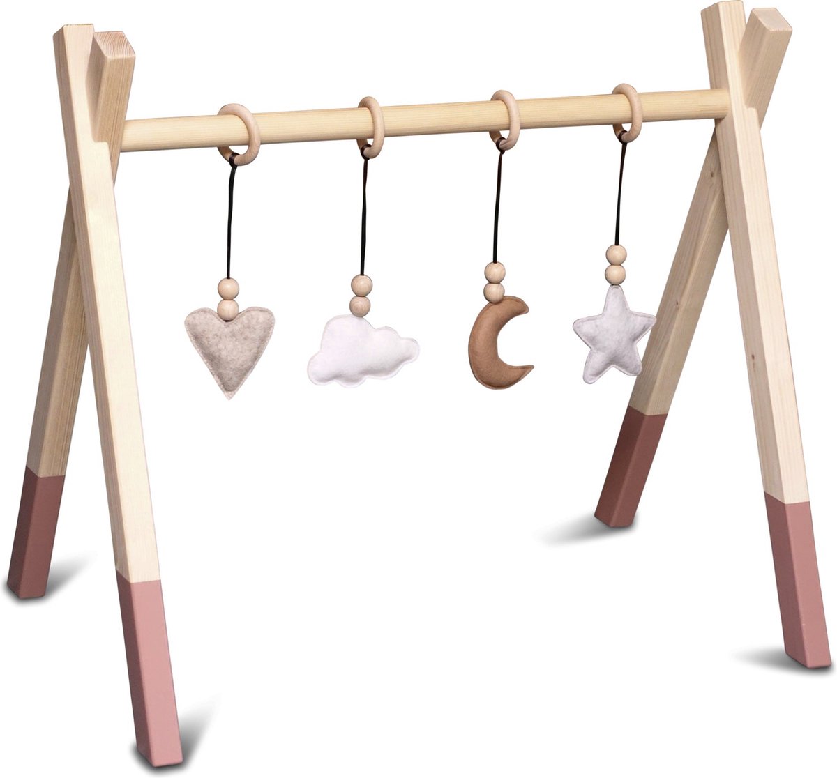 Houten babygym Terra roze, met naturel hangers, Tipi vorm massief hout | toddie.nl